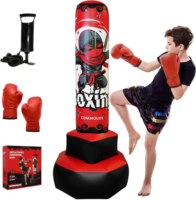 COMMOUDS 67inch Punching Bag for Kids, Inflatable Kids Boxing Set with Gloves, Fast Rebound Punching Bag for Practicing Karate, Taekwondo, MMA, Christmas/Birthday Gift for Boys Girls, Ages 6-14 - Image 1